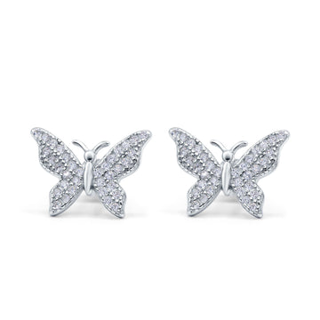 Butterfly Stud Earrings Simulated Cubic Zirconia 925 Sterling Silver (14mm)